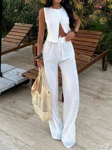 PoPoHouse Women's Elegant White Two Pieces Set Summer Holiday Beach Vacation Outfit Daily Casual Commutic Office Chic Going Out Set Sleeveless Buttoned Top & Wide-Leg Pants Suit - White - View 1