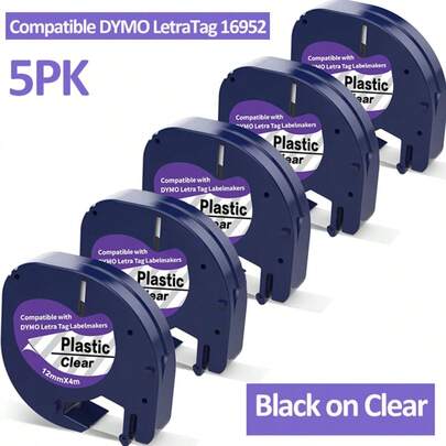 5 cuộn băng nhãn nhựa trong suốt màu đen 12mm 16952 Tương thích với máy in nhãn Dymo Letratag, băng nhãn trong suốt 12mm x 4m (1/2" x 13ft)