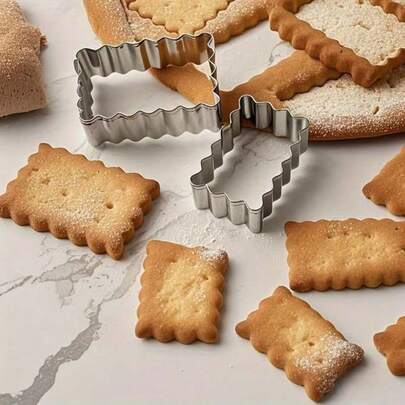 3件/6件装不锈钢长方形饼干模具，几何形状，带扇形和波浪形边缘，厨房烘焙DIY压花饼干模具工具