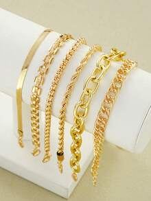 6Pcs/2pcs Simple Punk Chunky Chain Bracelet Set Metal Link Chain Combo, Ensemble With Rope, Snake, And Twisted Designs Multi Layered Bracelet Women's Holiday Dating Gift Daily Matching - Gold 1 - View 4
