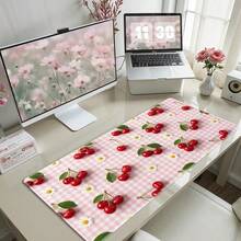 Cute Cherry Picnic Mouse Pad - Sweet Soft Plaid Pattern With Daisy, Elegant Aesthetic Desk Mat, Summer Fruit Art Student Gift - A - View 3
