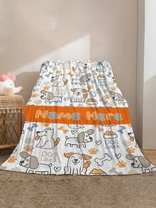 1pc Customized Fleece Blanket For Dog Lovers, Personalized With Name/Nickname, Minimalist Line Art Style, White Base With Soft Gray, Warm Orange, Light Blue, Featuring Cute Puppies, Paw Prints, Bones, Dog Bowls, Vibrant & Fresh, Machine Washable - Multicolor - View 4