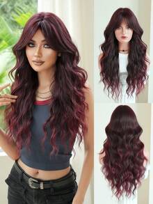 7JHH WIGS Highlights Red Extra Long Wave Wigs For Women 28 Inch Extra Long Wavy Wig With Curtain Bangs, Heat Resistant Fiber Hair Synthetic Curly Wig For Daily & Music Festival Party Wear, Halloween Cosplay Costume Use Fashion Wig Accessories - 挑染紅色 - 查看 2