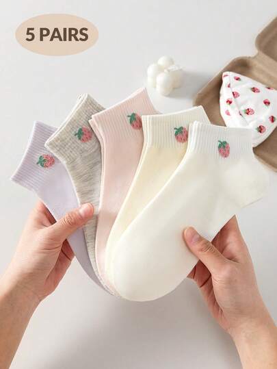 5 Pairs Women's Cute Sweet Breathable Strawberry Pattern Ankle Socks, Invisible Socks, White Socks, Pink Socks, Suitable For Casual Daily Wear, Applicable For Spring, Summer, Autumn And Winter