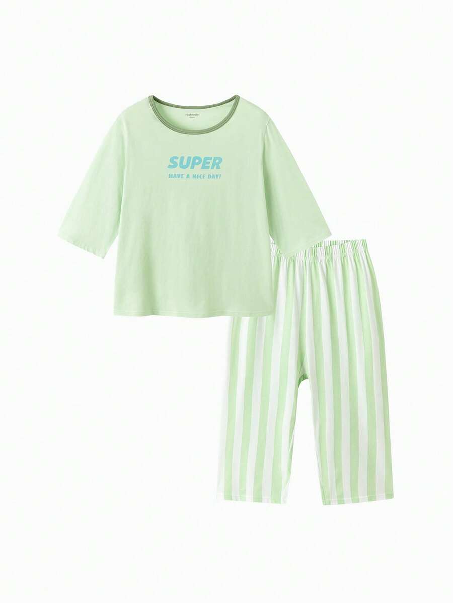 Balabala Kids Pajama Set, Pure Cotton, Lightweight Air-Conditioning Loungewear For Summer - Green Tone - View 1