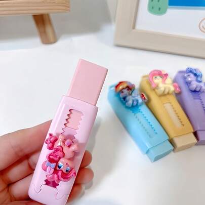 Borradores de poni arcoíris con recambios reemplazables, regalo pequeño y lindo, sin dejar rastro, adecuado para volver a la escuela e intercambio de regalos