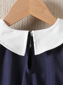 Đầm 2 trong 1 màu xanh navy kiểu dáng preppy mới cho bé gái mùa hè, cài cúc đôi với tay phồng và viền bèo nhún, thanh lịch và thời trang, thích hợp mặc hàng ngày, dự tiệc hoặc làm quà sinh nhật. - Màu xanh hải quân - Xem 6