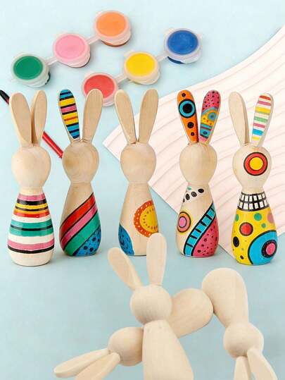Set de 3 piezas/9 piezas de conejos de madera para pintar DIY, decoración artesanal pintada a mano, pinturas, conejos de madera, pinceles, suministros creativos hechos a mano, de vuelta a la escuela, graduación, eventos de fiesta, regalos significativos para días festivos