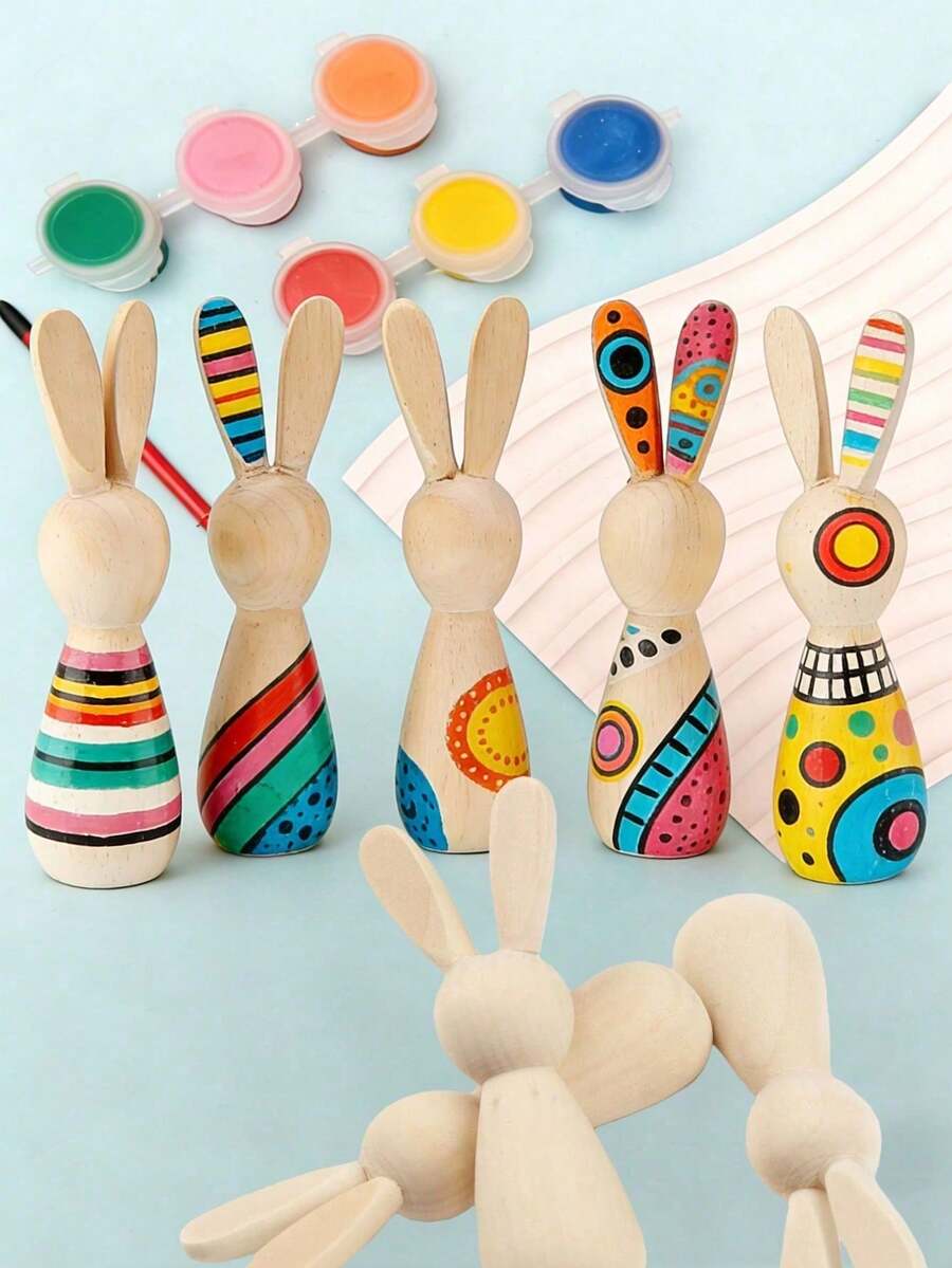3pcs/9pcs Wooden Rabbit DIY Painting Set, Hand-Painted Craft Decor, Paints, Wooden Rabbits, Brushes, Creative Handmade Supplies, Back To School, Graduation, Party Events, Meaningful Holiday Gifts - Apricot - View 1