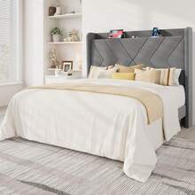 Allewie Full/Queen/King Size Platform Bed Frame With Charging Station And Storage Shelf/Upholstered Velvet Wingback Headboard/Wooden Slats Support/No Box Spring Needed/Easy Assembly, Grey - 灰色 - 查看 2