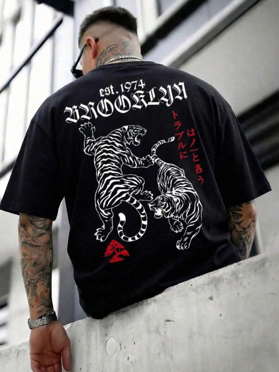 Fractyr Fractyr 男士夏季时尚街头风日式浮世绘虎纹印花圆领短袖T恤 | 基础款街头休闲上衣，男友/老公礼物 - 黑色 - 查看 1