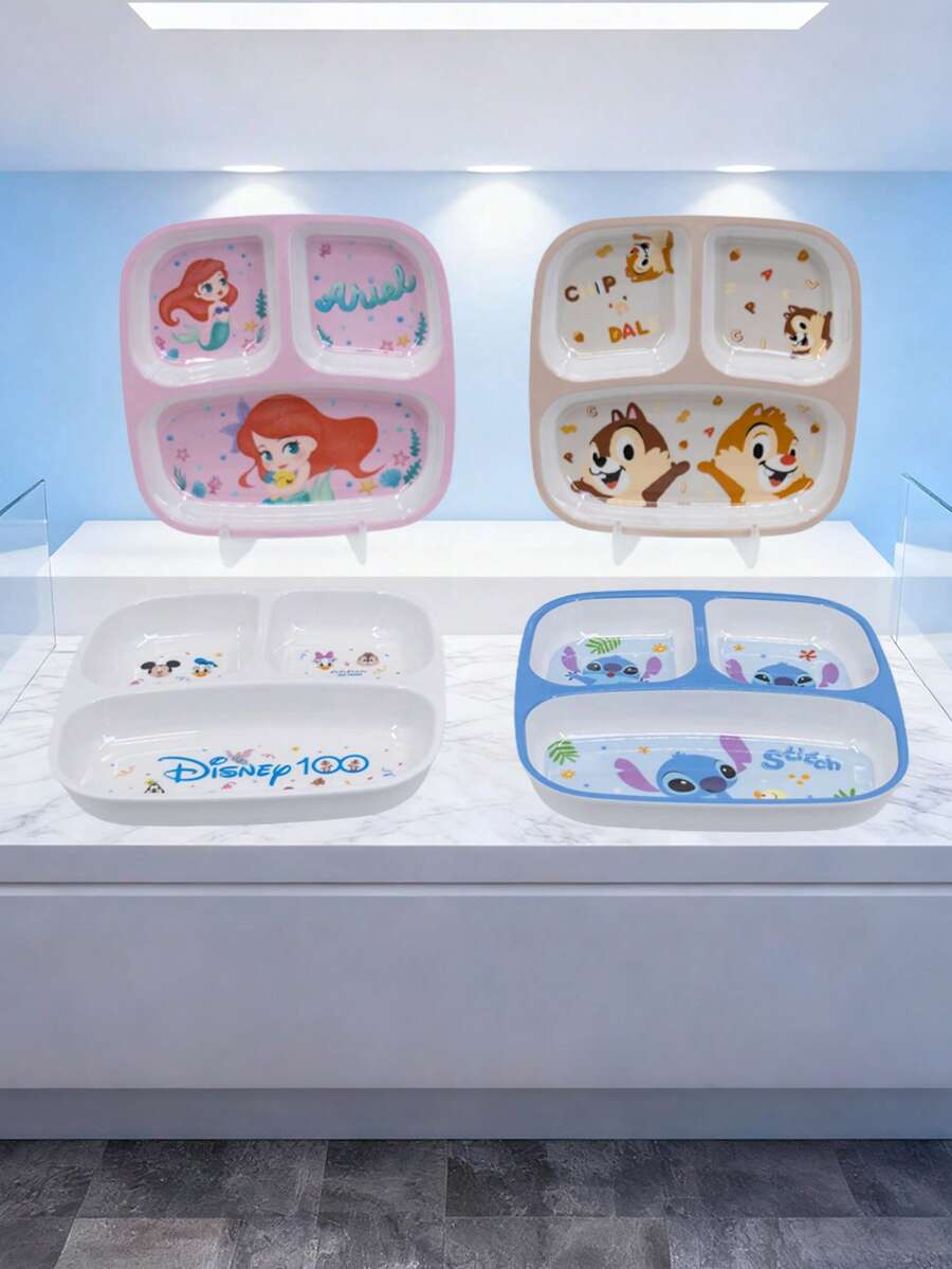 Disney 1件卡通餐具，史迪奇、奇奇蒂蒂、爱丽儿美人鱼，100周年纪念版，三格餐盘，密胺材质，生日派对家庭晚餐餐盘 - 彩色 - 查看 1