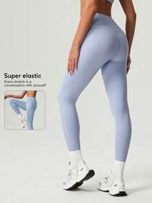 Women's Solid Color Front Seam Deep V Waist Tight Yoga Leggings For Running & Outdoor Sports - Màu xanh nhạt - Xem 2