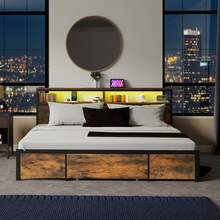 BALCONERA Super King Size Brown Metal Platform Bed Frame, LED With Headboard, Type-C USB Ports & Charging Outlets, No Box Spring Required - Brown - View 2