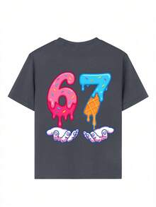Áo thun in hình hoạt hình kem "67" dành cho bé gái tuổi teen, kiểu áo mùa hè thời trang cho bé gái. - Màu xám đen - Xem 4
