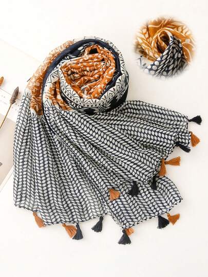 1条女士时尚休闲清新花卉图案流苏围巾，适合旅行、度假、户外活动和日常穿着