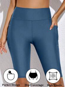 Quần bơi nữ cạp cao có túi, màu trơn, thích hợp cho bơi lội, đi biển và mặc mùa hè. - Màu xanh bụi bặm - Xem 1