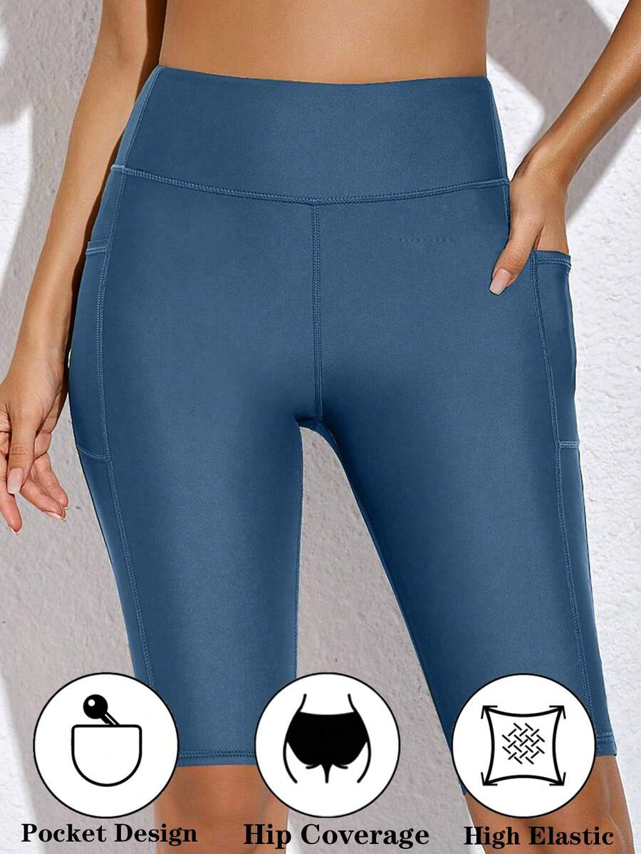 Quần bơi nữ cạp cao có túi, màu trơn, thích hợp cho bơi lội, đi biển và mặc mùa hè. - Màu xanh bụi bặm - Xem 1