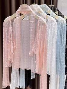 一件超仙女蕾丝防晒开衫，小巧百搭，刺绣网纱，独特设计，配有丝带和披肩 - 彩色 - 查看 2