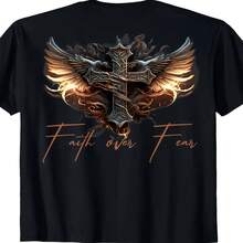 Men's Faith Over Fear Graphic T-Shirt With Angel Wings & Cross Design - Black, A - 黑色 - 查看 1