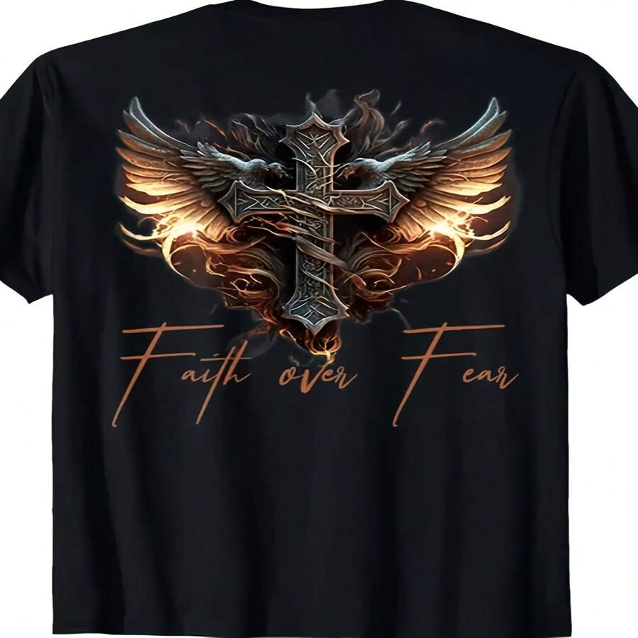 Men's Faith Over Fear Graphic T-Shirt With Angel Wings & Cross Design - Black, A - 黑色 - 查看 1
