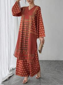 2pcs Women's Set, Orange Geometric Print V-Neck Flare Sleeve Long Pullover Top + Elastic Waist Wide Leg Pants, Elegant Ladies Suit, Luxury Color Block Outfit For Formal Occasions, Parties, Daily Wear - Orange - View 9