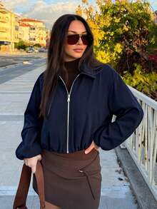 女士藏蓝色拉链口袋夹克 - 休闲宽松翻领春秋季外套 - 藏蓝色 - 查看 7