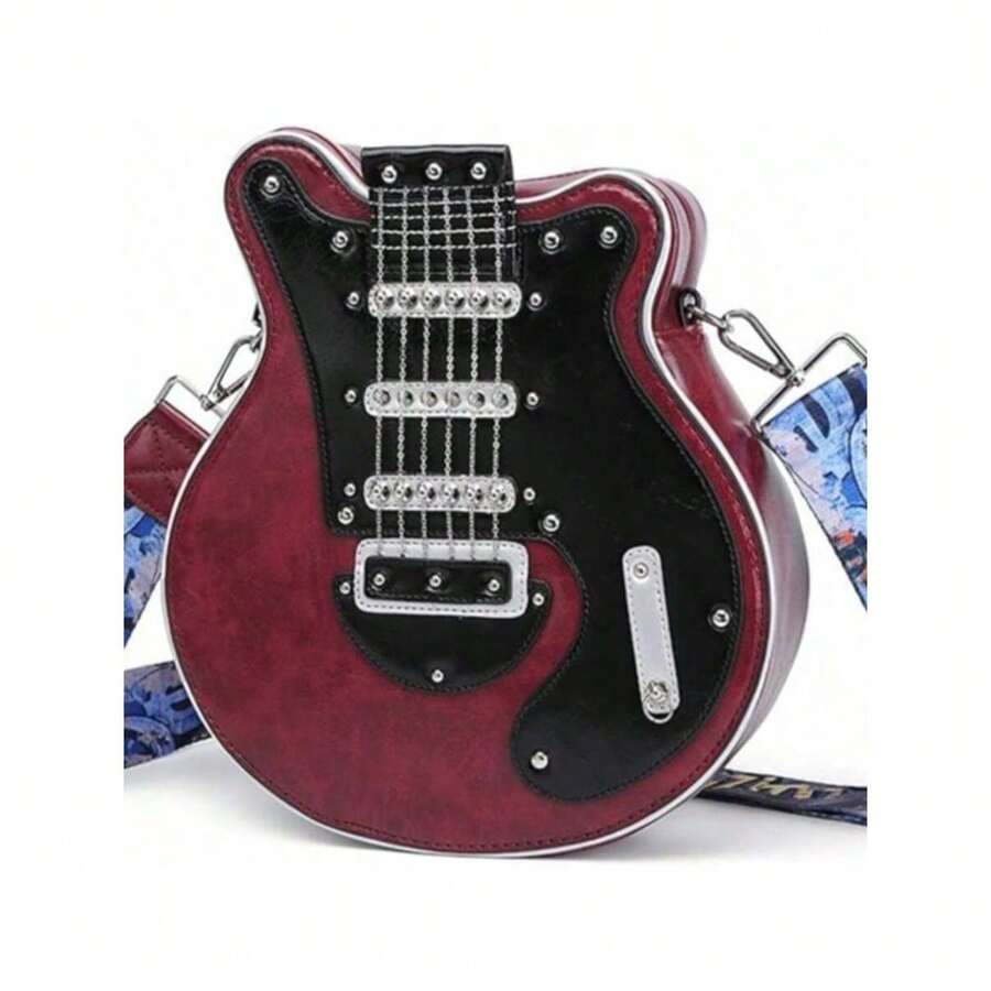 2025 New Creative Retro Micro Guitar Bag, Bass Guitar Asymmetrical Shoulder Bag, Chain And Rivet Decor Color Blocking Wide Strap Unisex Streetwear Bag - 紅色 - 查看 1