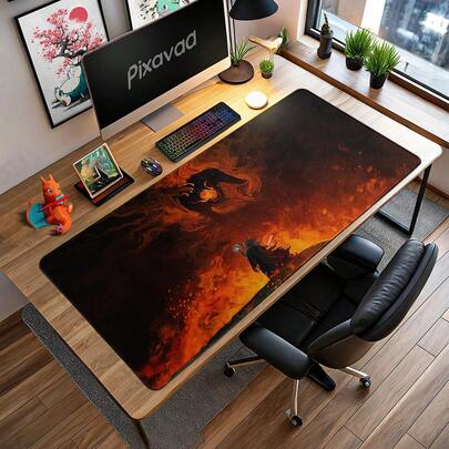 XXL Size Gaming Mouse Pad, Epic Dark Fantasy Wizard Vs Demon Flame Desk Mat, Extra Large Non-Slip Rubber Base Keyboard Mouse Pad With Mysterious Monster Art Design, Suitable For RPG Gamers And D&D Enthusiasts