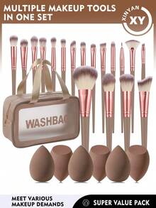 25PCS Makeup Tools Set Including:18PCS Makeup Brush Set+1pc Multi-Functional Zipper Toiletry And Cosmetic Bag Waterproof+6PCS Makeup Sponges - Brown - View 1
