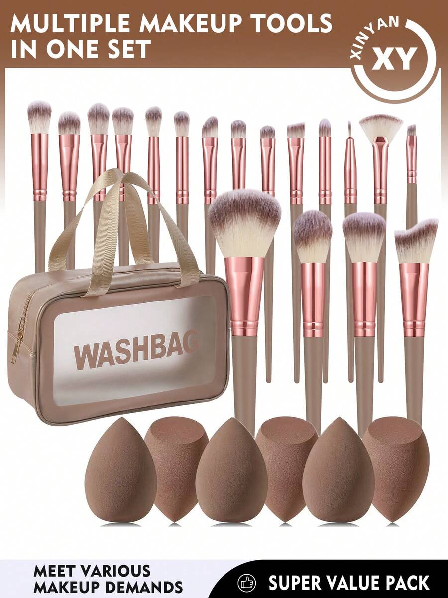 25PCS Makeup Tools Set Including:18PCS Makeup Brush Set+1pc Multi-Functional Zipper Toiletry And Cosmetic Bag Waterproof+6PCS Makeup Sponges - Brown - View 1