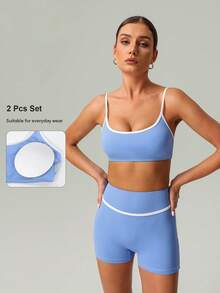 女士瑜伽跑步运动文胸和短裤两件套，春夏款 - 藍色 - 查看 2