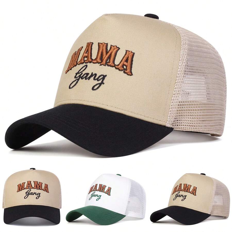 1顶男士Mama Gang卡车司机帽，个性化字母刺绣棒球帽，街头休闲网眼帽，适合春季、秋季、旅行、海滩穿着 - 多色 - 查看 1