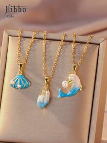 Hihho 1pc Ocean Style Enamel Dolphin, Shell, Conch Pendant Necklace, Fresh And Gentle Ocean Elements Versatile Accessory, Gift For Girlfriend Or Best Friend - Gold - View 7