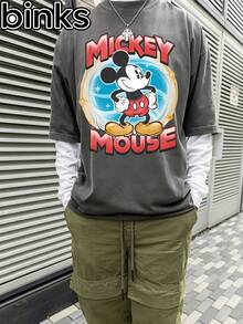 Disney Binks Mickey Mouse Retro Elements Cartoon Printed Retro Hole Washed Short Sleeve T-Shirt, High Street Fashion Brand Loose Short Sleeve T-Shirt. Spring And Summer Fashionable Versatile Top, Holiday Gift, Vintage Print. - màu đen - Xem 2
