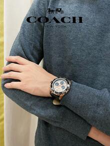 Coach Kent Series All Rose Gold Tone Black Bezel Gold Dial Black Leather Strap Watch - Black - View 3