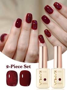 KAMUA 12ml Burgundy Manicure Kit - 2PCS Gel Nail Polish -Burgundy And Burgundy Glitter Color Nail Polish For Manicure Nail Salon Long Lasting UV Lamp Required Spring And Summer Nail Art Simple And Elegant Style Ladaies Gifts - Burgundy - View 1