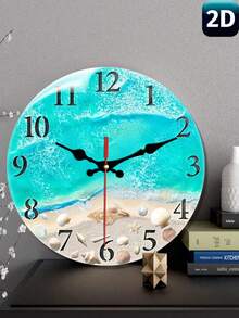 Reloj de pared con pilas con tema de playa, reloj silencioso con tema de playa con patrón de conchas y estrellas de mar - Funciona con pilas, decoración redonda de madera para el hogar (Pilas no incluidas) - Multicolor - Ver 7