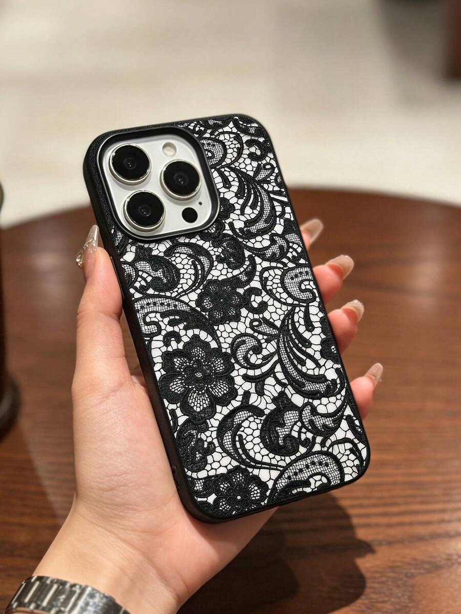 1pc Black Lace Print Design Phone Case, Luxury High-End Suitable For IPhone17 Pro Max/17 Pro/16 Pro Max/16 Pro/16/15 Pro Max/15 Pro/15/14 Pro Max/14 Pro/14/13 Pro Max/13 Pro/13/12 Pro Max/12 Pro/12/11 - Black - View 1