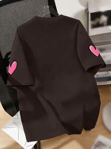 Sweet Dessert & Heart Print Round Neck T-Shirt, Soft & Comfortable Casual Top For Teenage Girls, Summer - Brown - View 2
