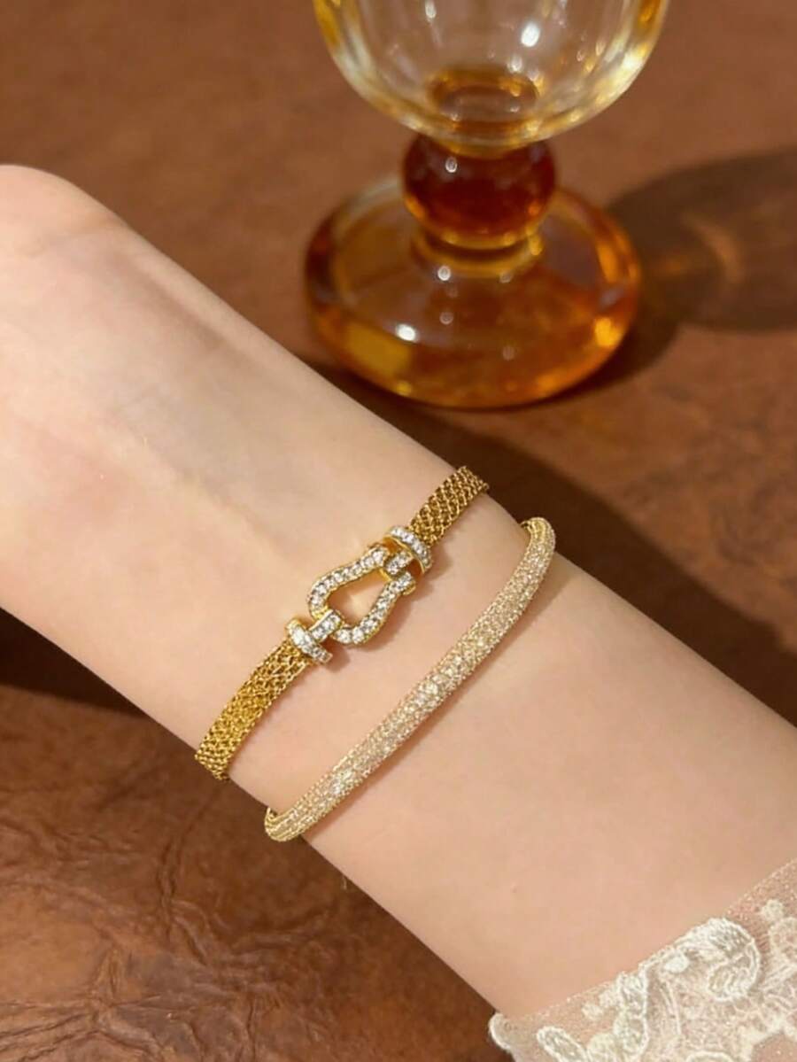 1 chiếc vòng tay dây satin đính đá hình móng ngựa kiểu cổ điển, trang sức tối giản dành cho nữ. - Vòng tay khóa móng ngựa - Xem 1