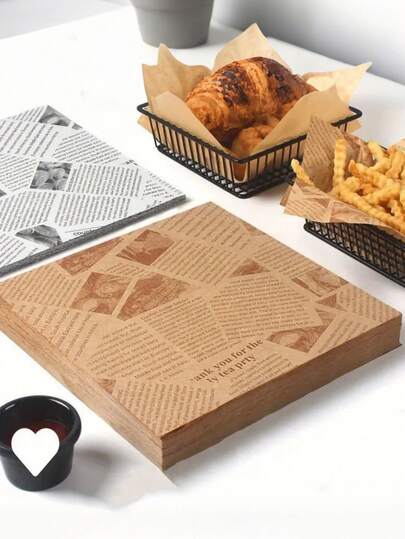 300pcs Oil-Proof Paper, Newspaper Printed Food Packaging Paper, Suitable For Food Baskets, Oil-Proof Food Liners, Great For Fries, Burgers, Sandwiches And Baked Goods, 50/100/300pcs