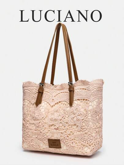1pc Pink Women's Handbag, Lace Shoulder Tote Bag, Sweet Style Small Purse, Casual Travel Lace Shopping Bag, Woven Pattern Design, Hollow Lace, French Retro Style, Countryside Style, Suitable For Various Occasions For Girls, Casual Slouchy For Women