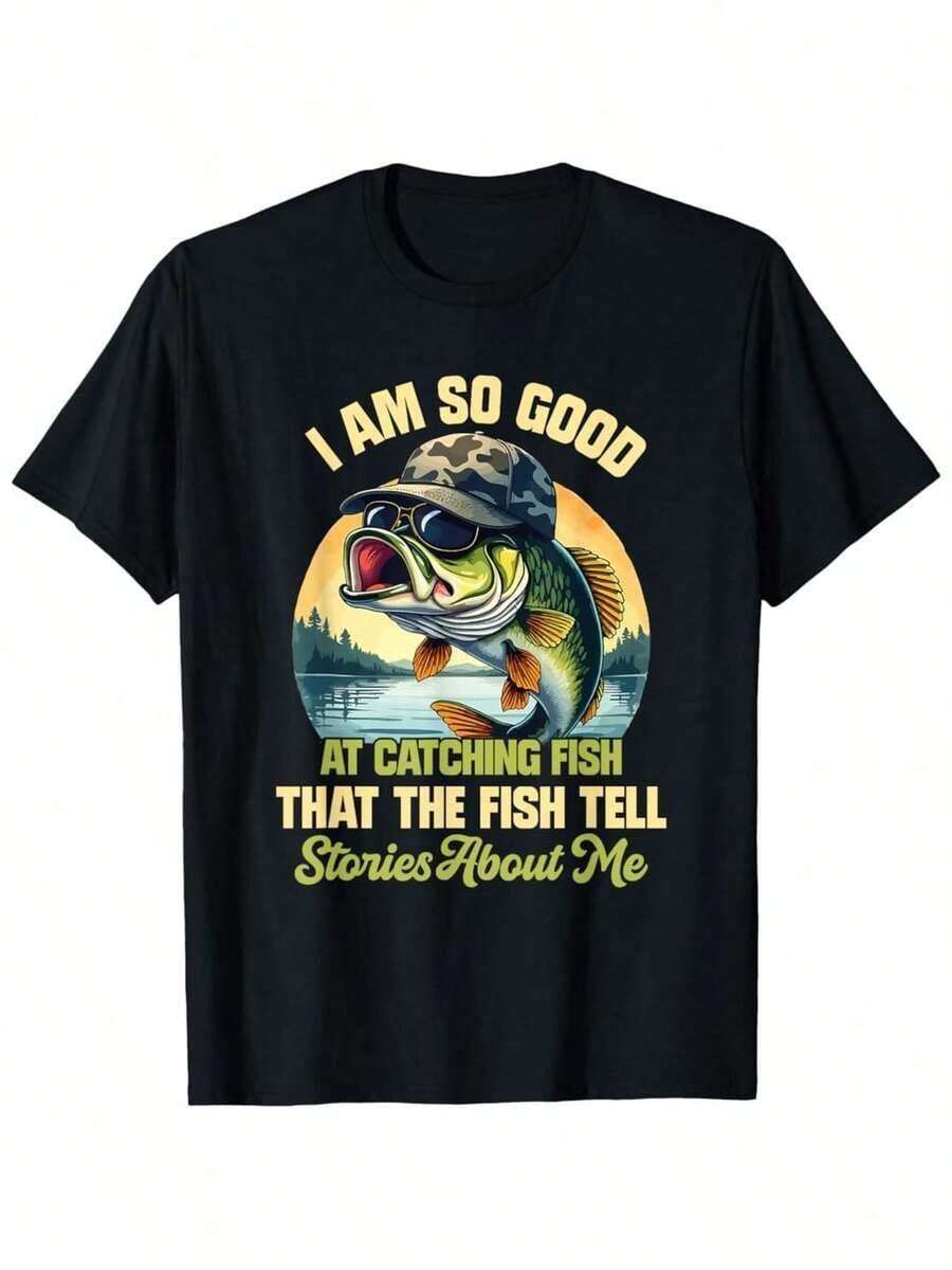 Funny Largemouth Bass Fishing T Shirt Premium Short Sleeve Letter Printed Tops Fashion Graphic Shirts - Black - View 1