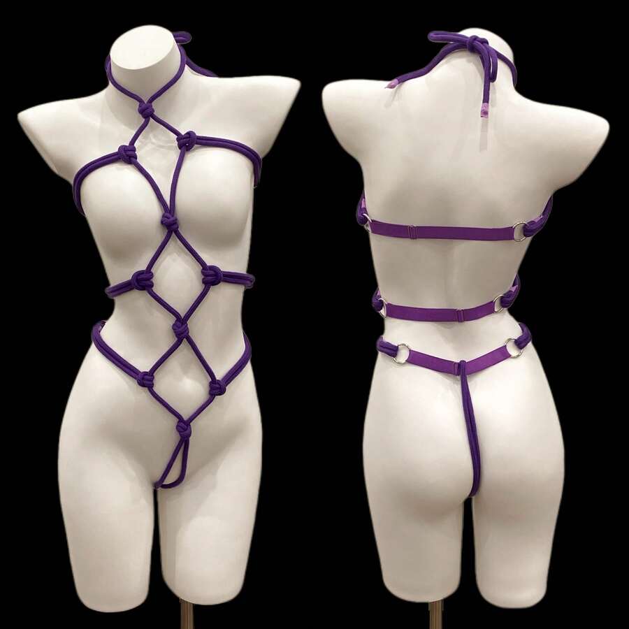 2026 New Lingerie Set One-Piece Rope Mesh Outfit Set No-Remove One-Piece Temptation Set - Valentine's Day - 黑色 - 查看 1