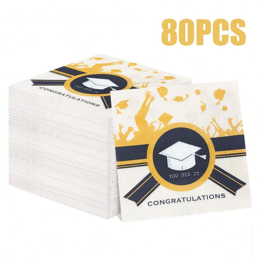 80/40/20 piezas Servilletas desechables de 13 * 13 pulgadas para la temporada de graduación, combinadas con gorros de graduado con estampado azul y dorado, utilizadas para fiestas de temporada de graduación, celebraciones de graduación, reuniones familiares y decoración de restaurantes
