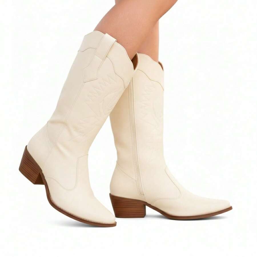 Women's Western Texan Country Rodeo Boots, High Top, Elongated Toe. - Blanco - Ver 1