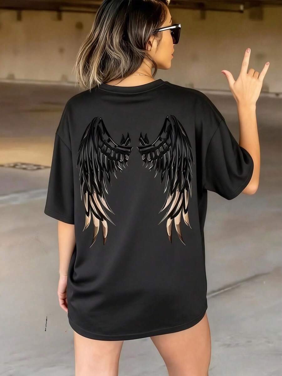 Women's Summer New Wing Pattern Printed Round-Neck Short-Sleeve T-Shirt, Casual Loose Versatile Top, Fashionable Daily Wear - Black - View 1