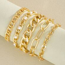 5Pcs Simple Punk Chunky Chain Bracelet Set Metal Link Chain Combo, Ensemble With Rope, Snake, And Twisted Designs Multi Layered Bracelet Women's Holiday Dating Gift Daily Matching - Gold 4 - View 4
