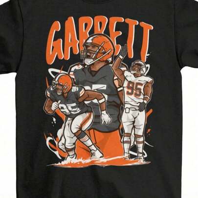 Casual Womens Black Round Neck Short Sleeve T-Shirt With Garrett Football Player Print Regular Length Knitted Fabric Sli